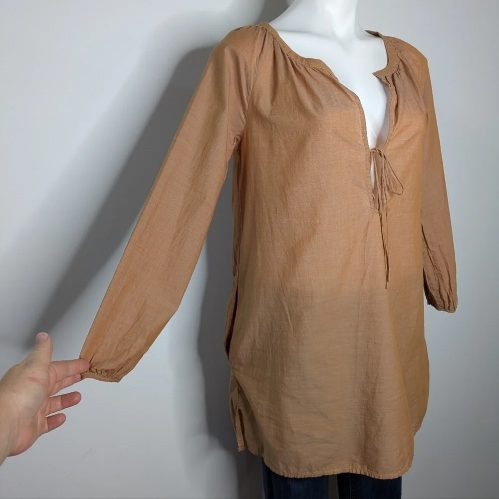 J Crew tan sheer long sleeve 100% cotton tie neck blouse XS